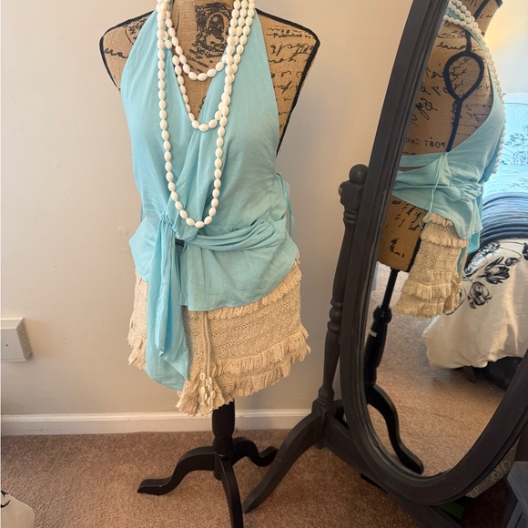 NWT Zara Linen Blend Wrap Halter Top - Turquoise Blue - Picture 4 of 5